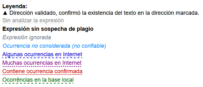 Leyenda de los colores en el resultado del análisis